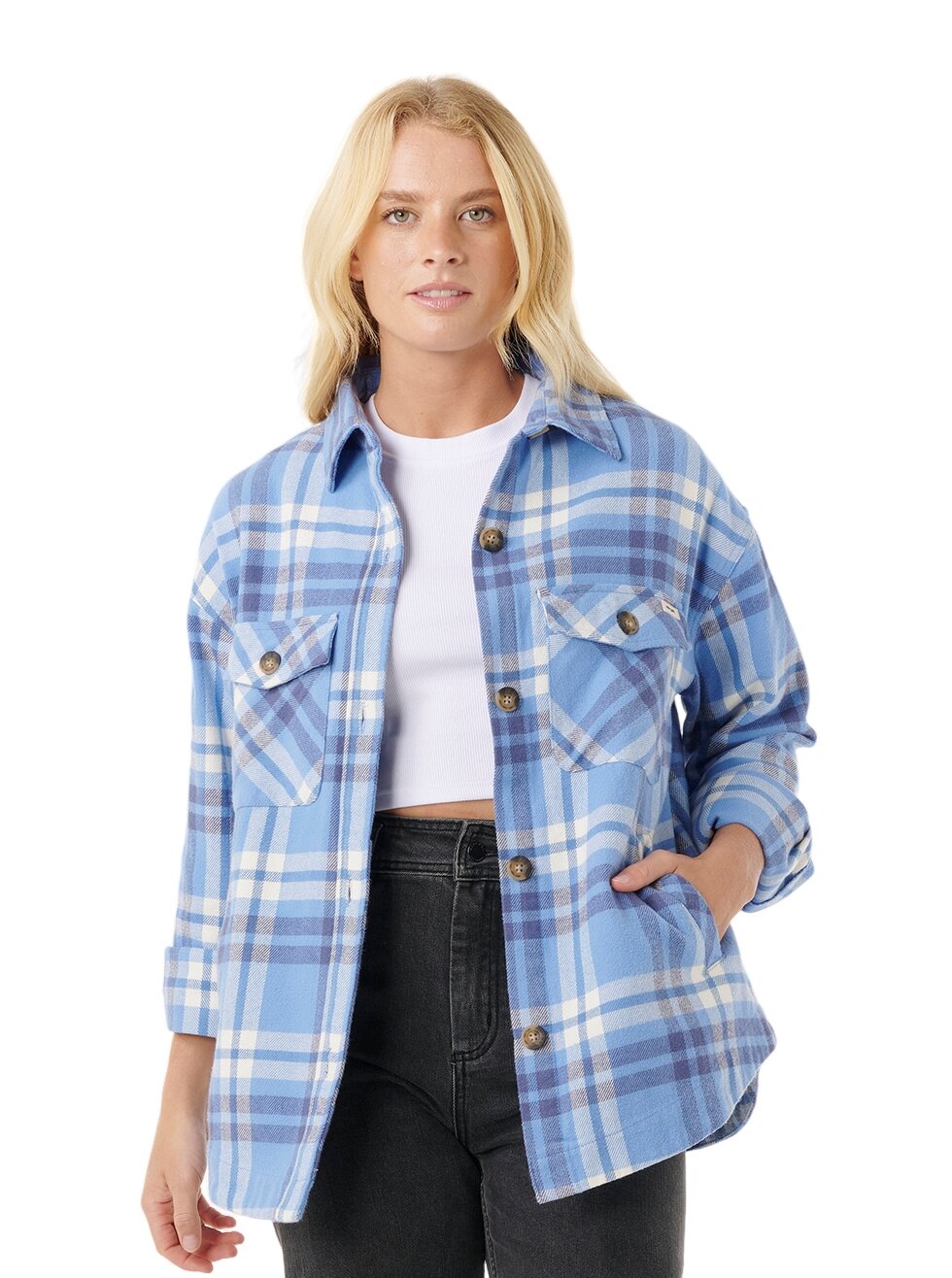 Rip curl dámská košile Oceanic L/S Flannel Blue | Bílá | Velikost L | 100% bavlna
