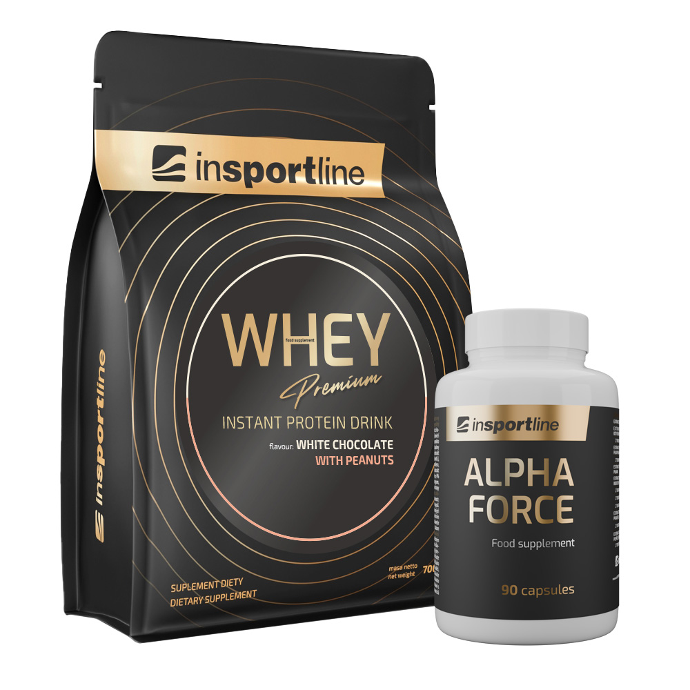 SADA: Protein inSPORTline WHEY Premium 700g + Stimulant inSPORTline AlphaForce, 90 kapslí bílá čokoláda s arašídy