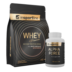 SADA: Protein inSPORTline WHEY Premium 700g + Stimulant inSPORTline AlphaForce, 90 kapslí bílá čokoláda s arašídy
