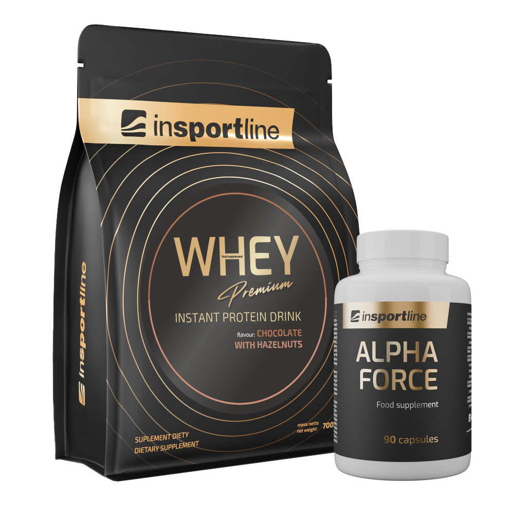 SADA: Protein inSPORTline WHEY Premium 700g + Stimulant inSPORTline AlphaForce, 90 kapslí čokoláda s lískovými oříšky