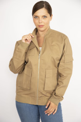 Şans Women's Camel Plus Size Front Zippered Pocket Detailed Unlined Coat