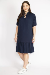 Şans Women's Navy Blue Plus Size V Neck Robe Gathered Tiered Hem Dress