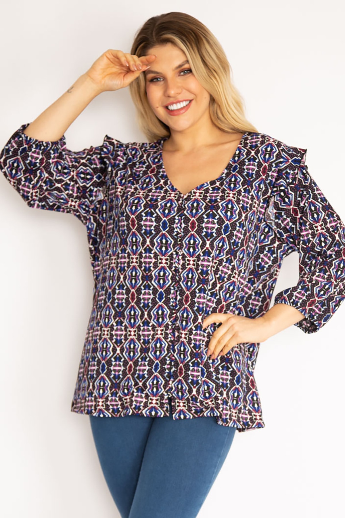 Şans Women's Plus Size Colorful One Piece Button Down Shoulder Frilly Tunic