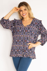 Şans Women's Plus Size Colorful One Piece Button Down Shoulder Frilly Tunic
