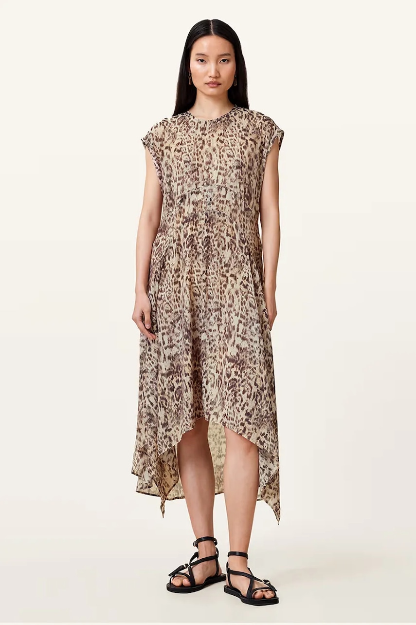 Šaty AllSaints ARWEN béžová barva, midi, W104DC