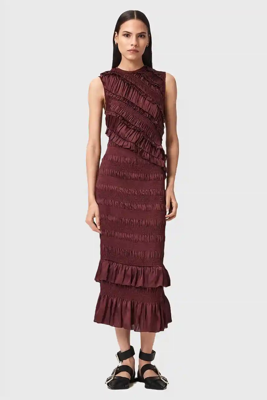 Šaty AllSaints NYLA červená barva, midi, přiléhavé, W034DD