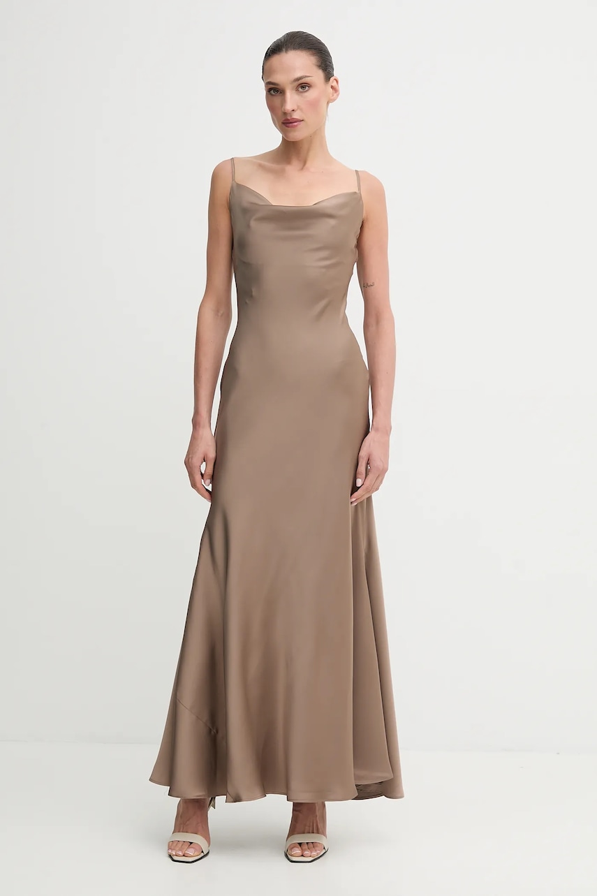 Šaty Bardot hnědá barva, maxi, přiléhavé, 59709DB3