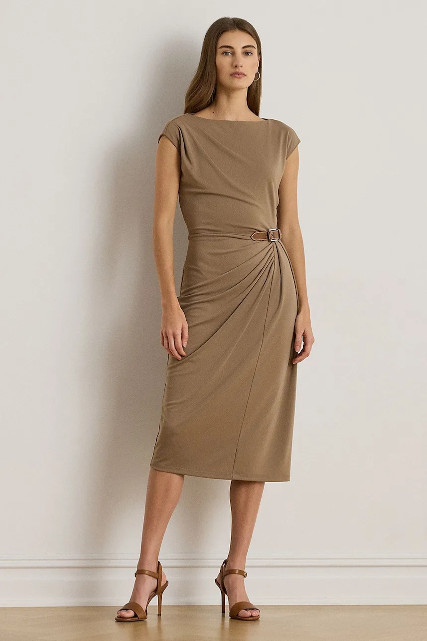 Šaty Lauren Ralph Lauren hnědá barva, midi, přiléhavé, 200980221