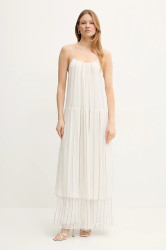 Šaty s příměsí hedvábí BOSS béžová barva, maxi, 50535154