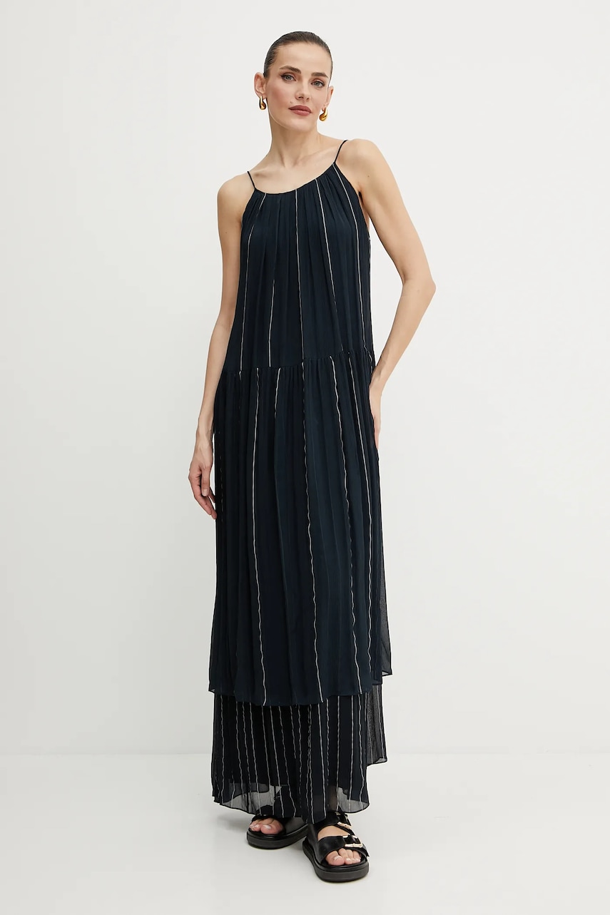 Šaty s příměsí hedvábí BOSS tmavomodrá barva, maxi, 50535154