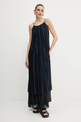 Šaty s příměsí hedvábí BOSS tmavomodrá barva, maxi, 50535154