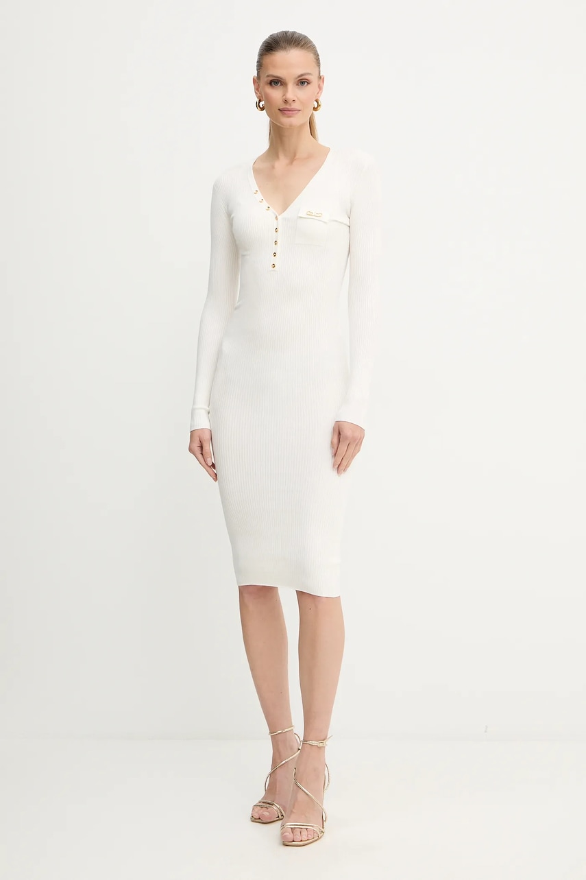 Šaty s příměsí hedvábí Elisabetta Franchi béžová barva, mini, AM10B56E2