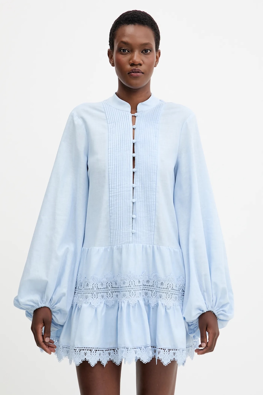 Šaty s příměsí lnu Bardot modrá barva, mini, 59849DB1