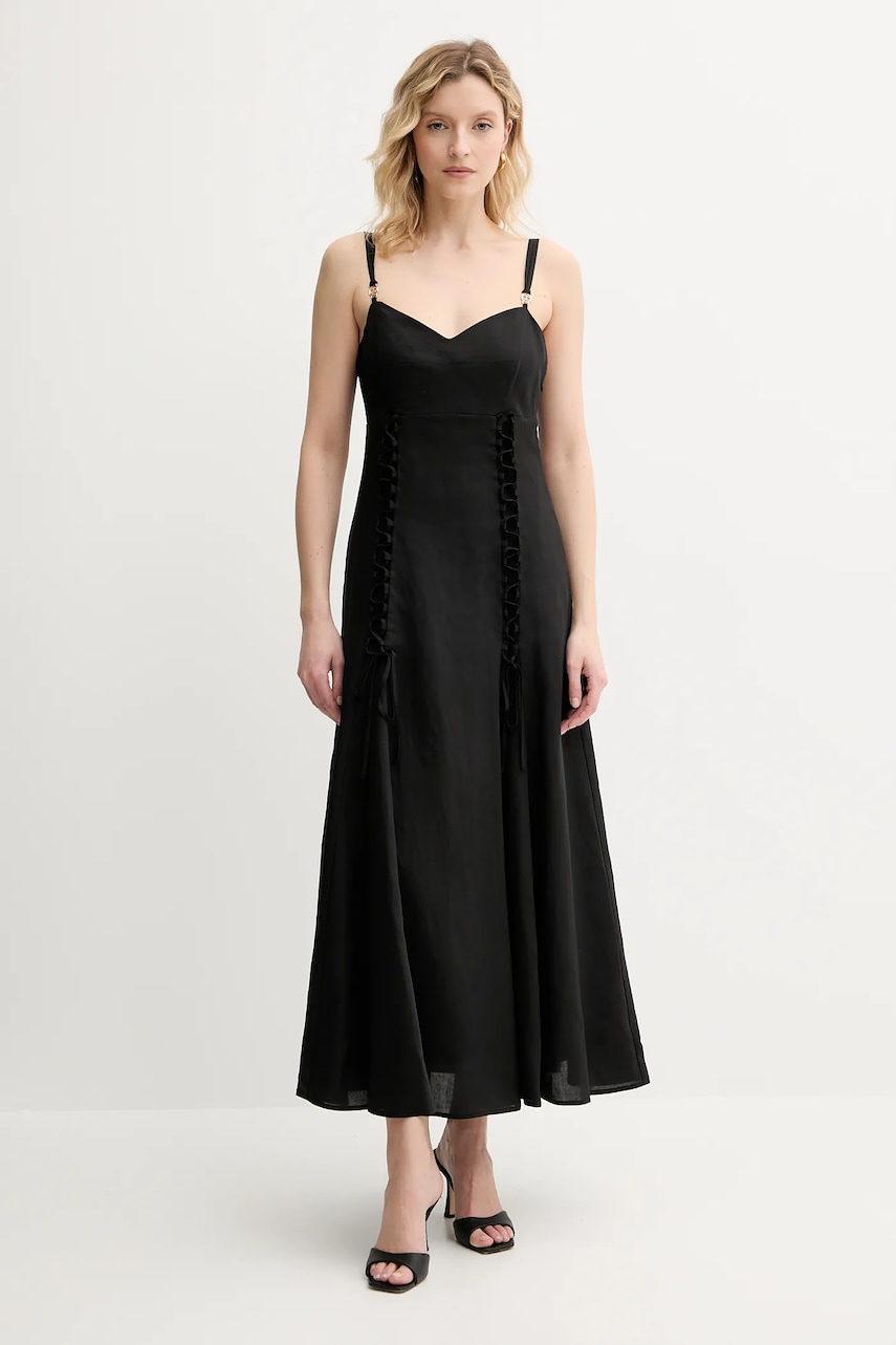 Šaty s příměsí lnu Twinset černá barva, maxi, 251TT2070