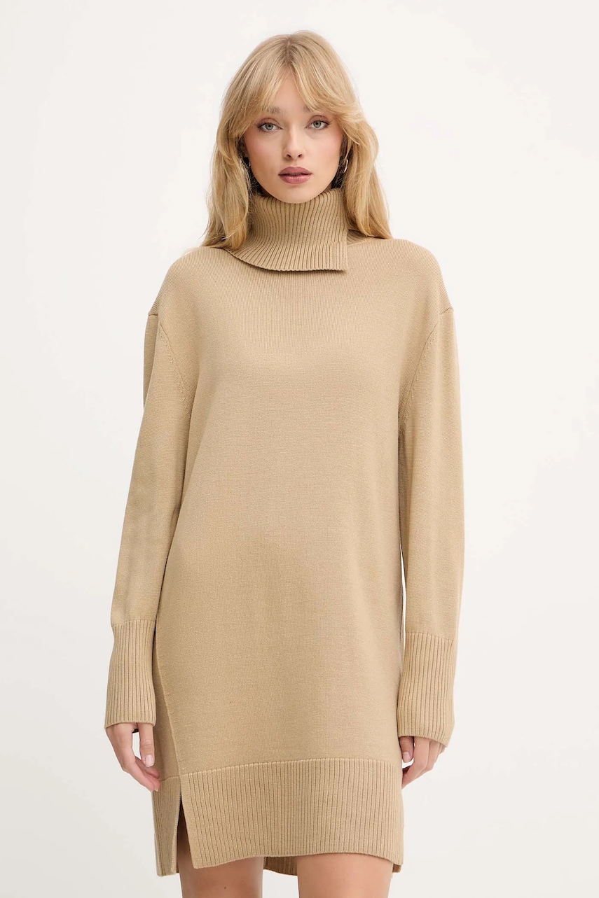 Šaty s příměsí vlny BOSS Orange C_Feringatessa béžová barva, mini, 50550493