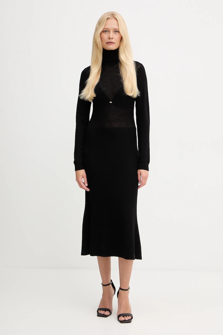 Šaty s příměsí vlny Elisabetta Franchi černá barva, midi, AM30S57E2