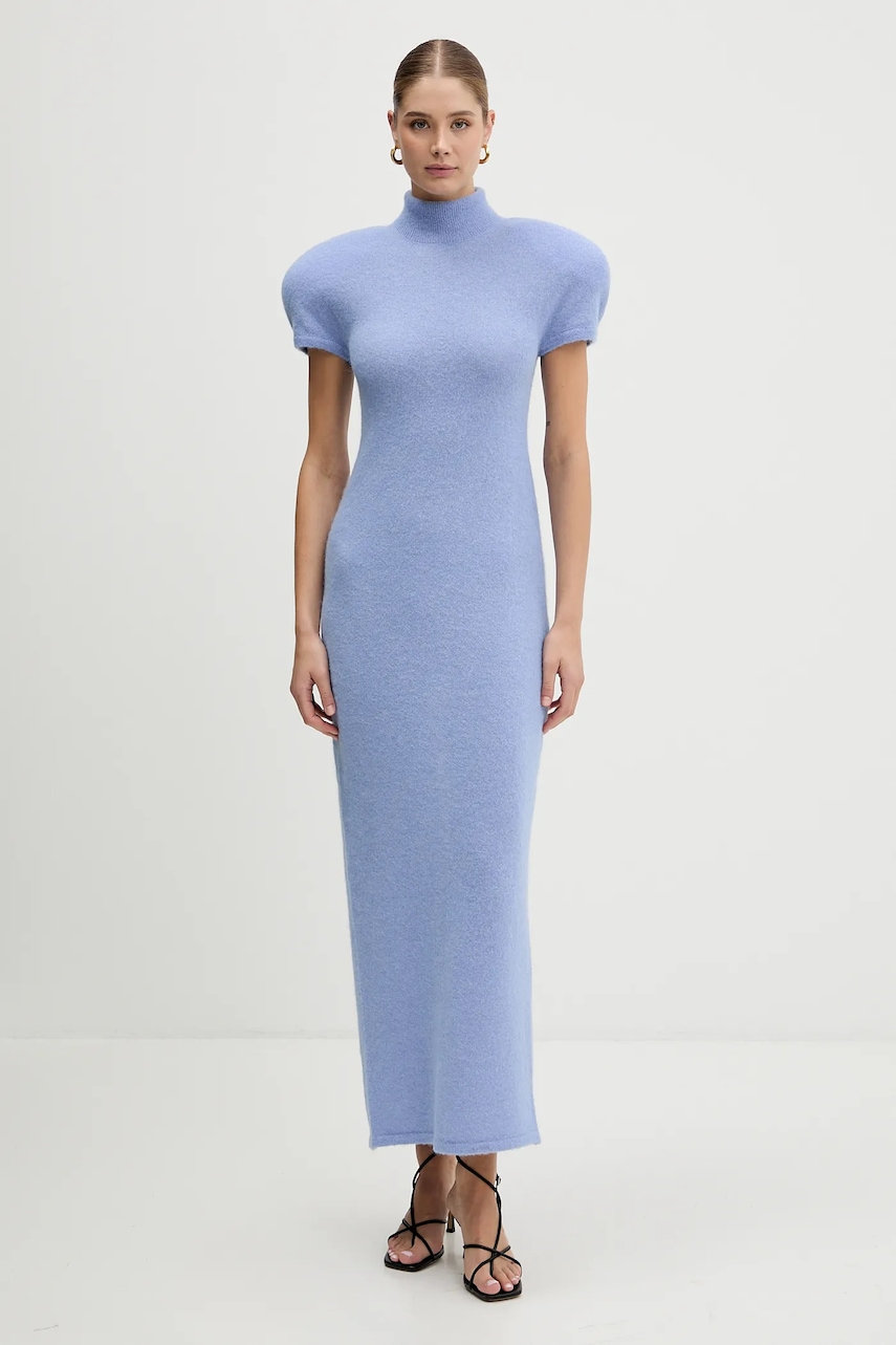 Šaty s příměsí vlny La Mania NOIR modrá barva, maxi, NOIR