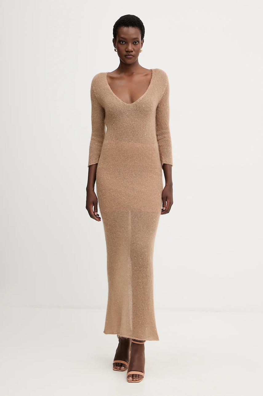Šaty s příměsí vlny Liviana Conti hnědá barva, maxi, L5WG63