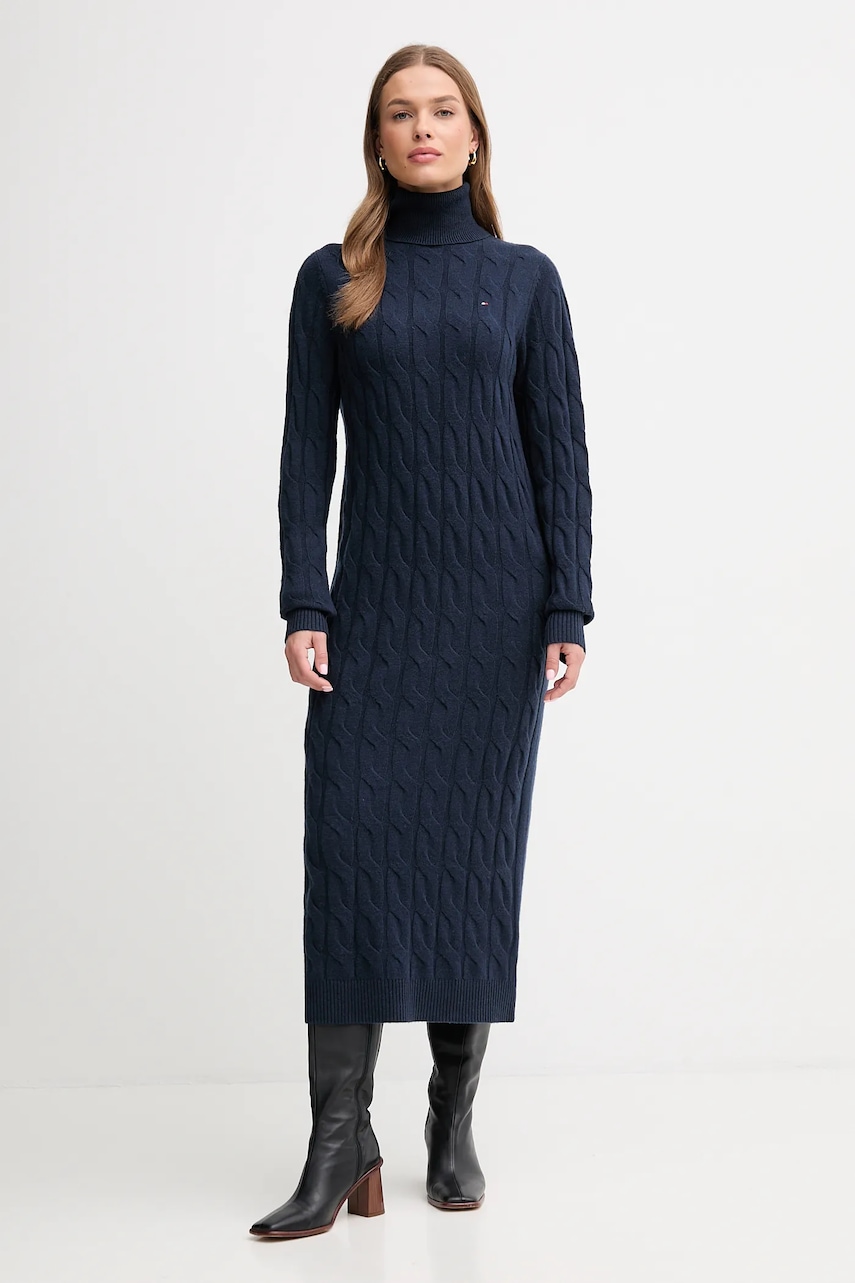 Šaty s příměsí vlny Tommy Hilfiger tmavomodrá barva, maxi, WW0WW46429