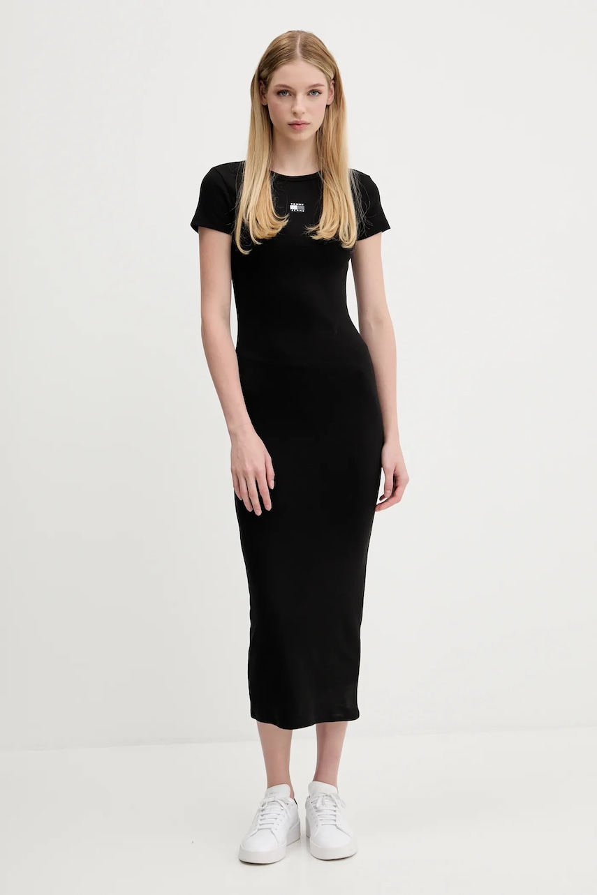 Šaty Tommy Jeans černá barva, midi, přiléhavé, DW0DW20873