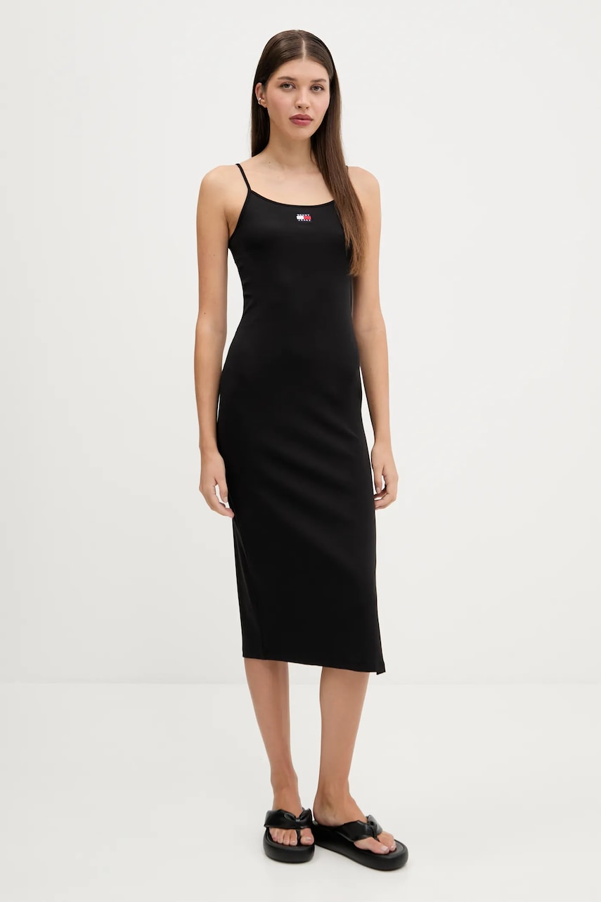Šaty Tommy Jeans černá barva, midi, přiléhavé, DW0DW21170