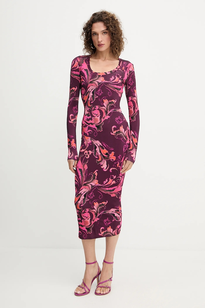 Šaty Versace Jeans Couture vínová barva, midi, přiléhavé, 79HAO920 JS500