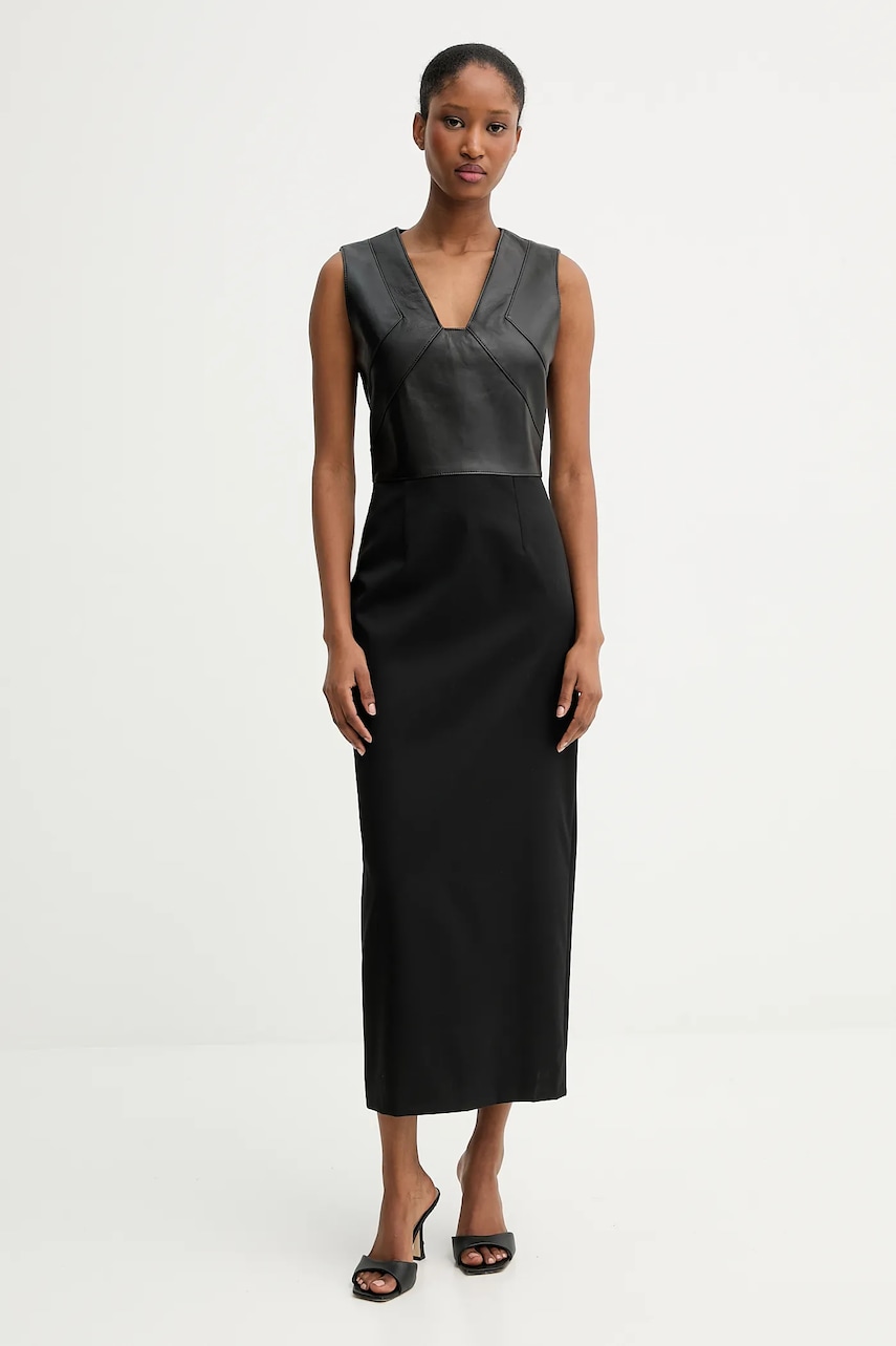 Šaty z vlněné směsi BOSS Drumialda černá barva, maxi, 50543504