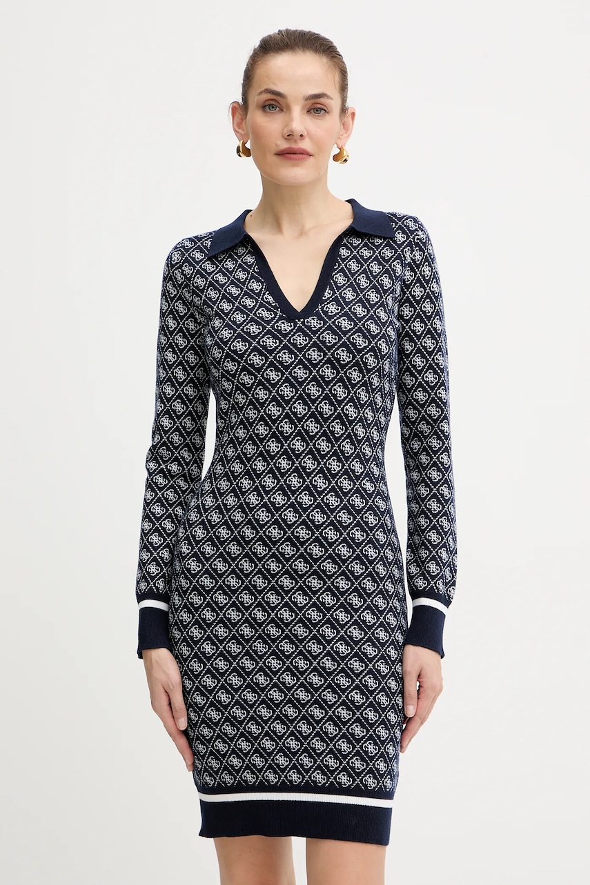 Šaty z vlněné směsi Guess AUBREY tmavomodrá barva, mini, přiléhavé, W5BK25 Z3JD2