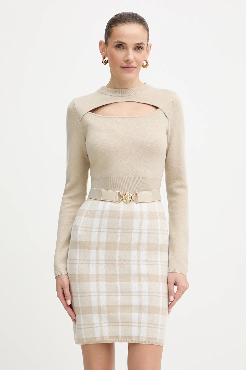 Šaty z vlněné směsi Guess CORALINE béžová barva, mini, přiléhavé, W5BK44 Z3JD2