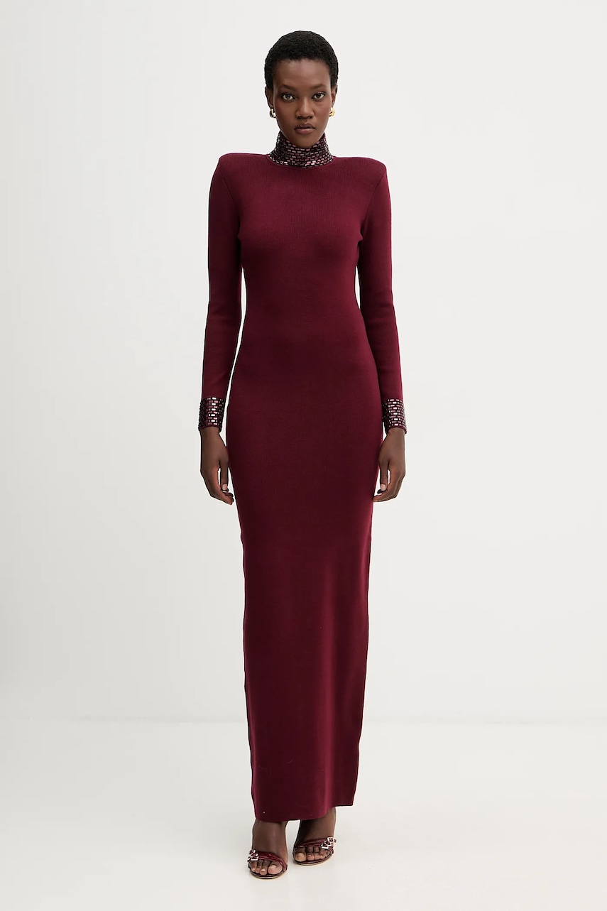 Šaty z vlněné směsi Retrofete Monroe vínová barva, maxi, přiléhavé, HL24-8110