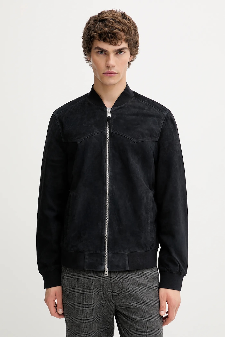 Semišová bomber bunda AllSaints ZEALAND černá barva, přechodná, M035LD