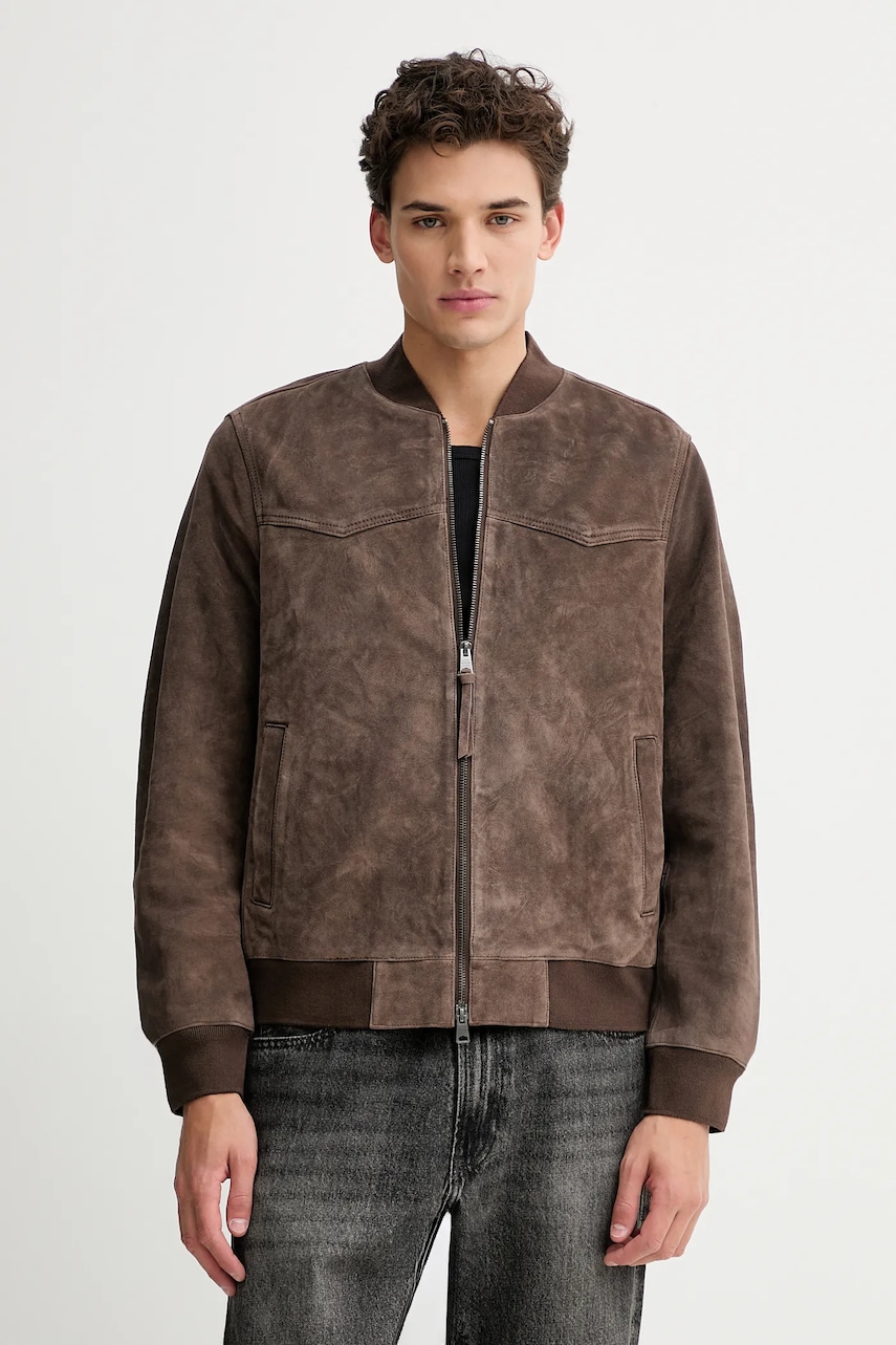 Semišová bomber bunda AllSaints ZEALAND hnědá barva, přechodná, M049LD