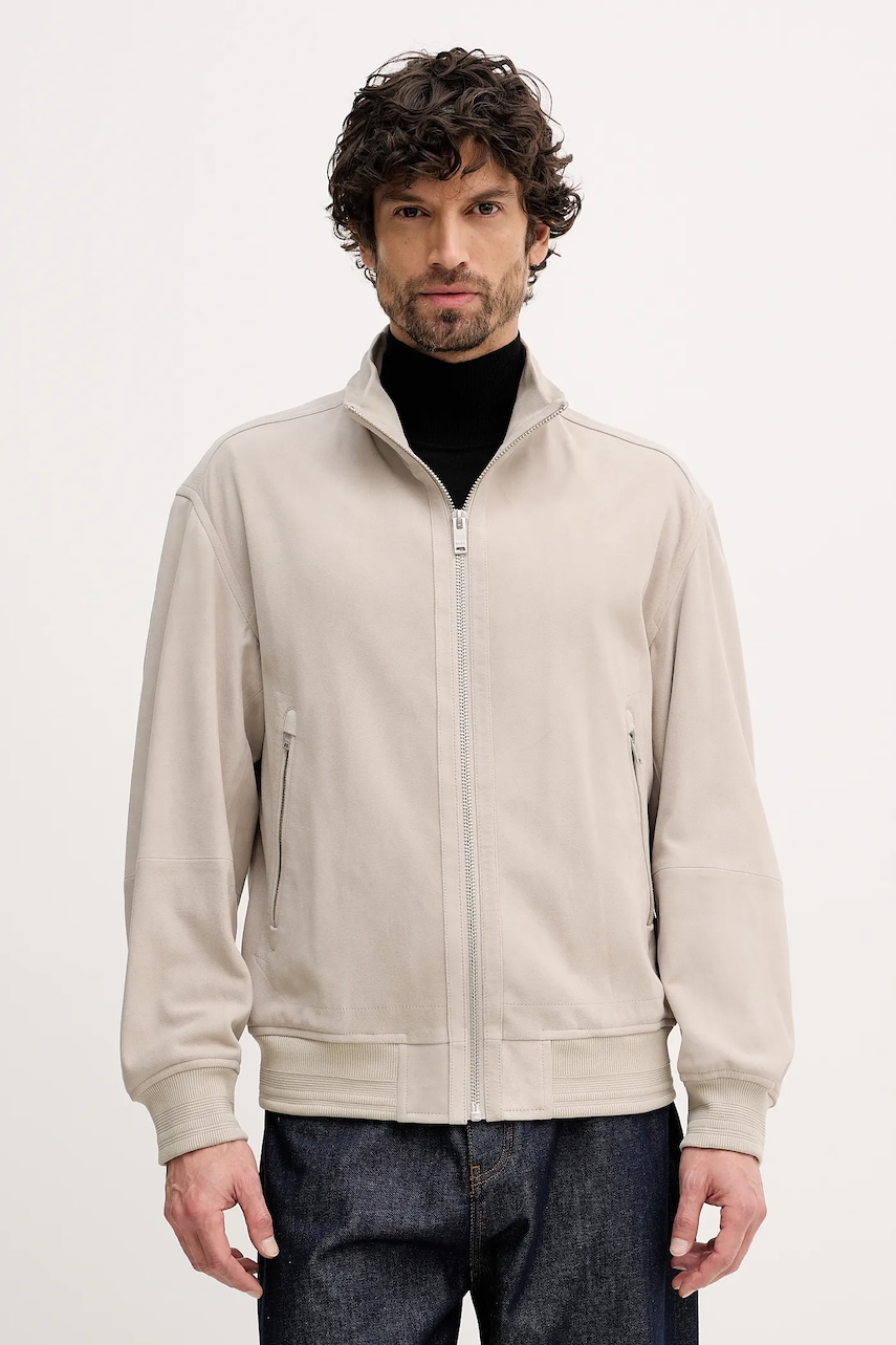 Semišová bunda BOSS Orange Jarip Jarip šedá barva, přechodná, 50552111