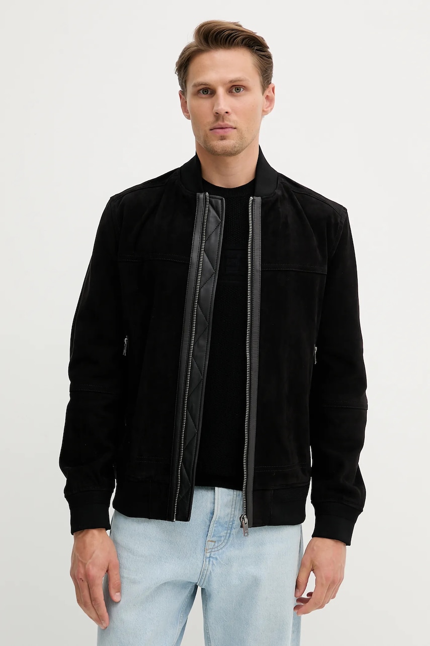 Semišová bunda BOSS Orange Johice černá barva, přechodná, 50543505