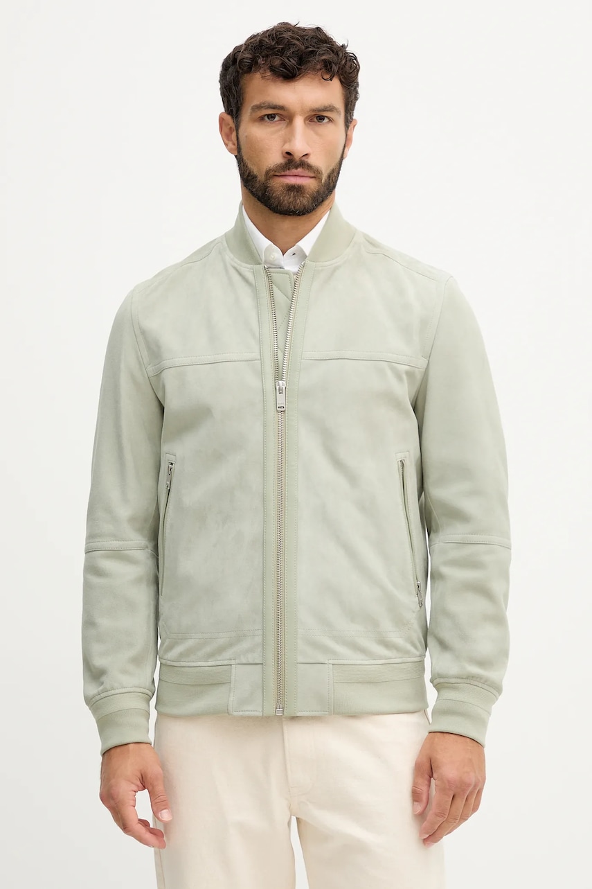 Semišová bunda BOSS Orange Johice zelená barva, přechodná, 50543505