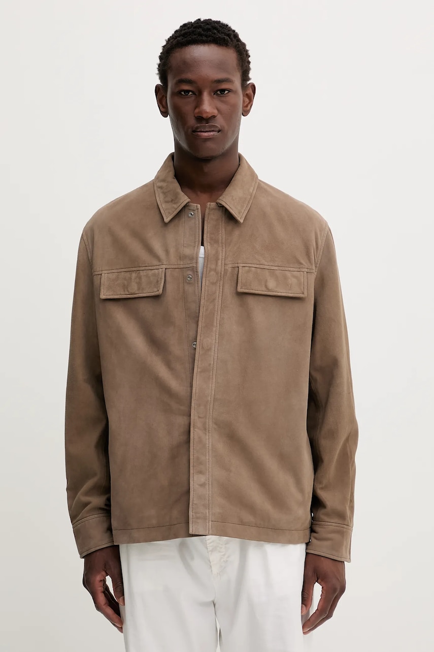 Semišová bunda Calvin Klein béžová barva, přechodná, LV04LC425G