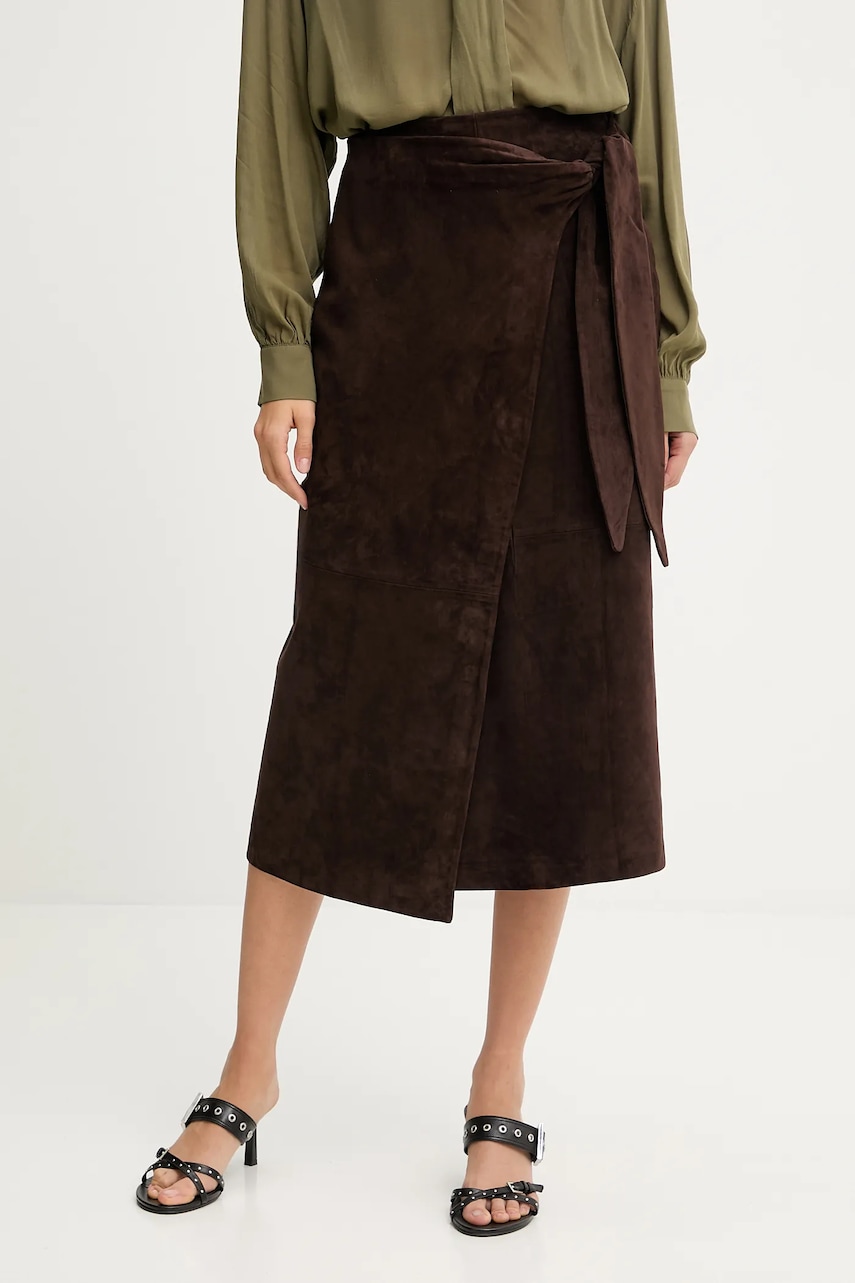Semišová sukně Never Fully Dressed hnědá barva, midi, NFDSK724
