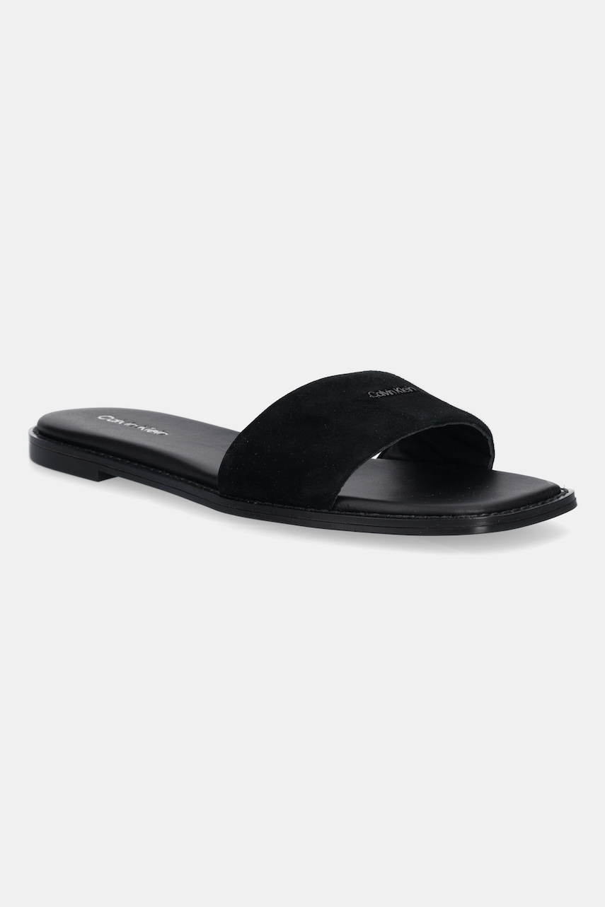 Semišové pantofle Calvin Klein FLAT SANDAL SQUARED HF SUE