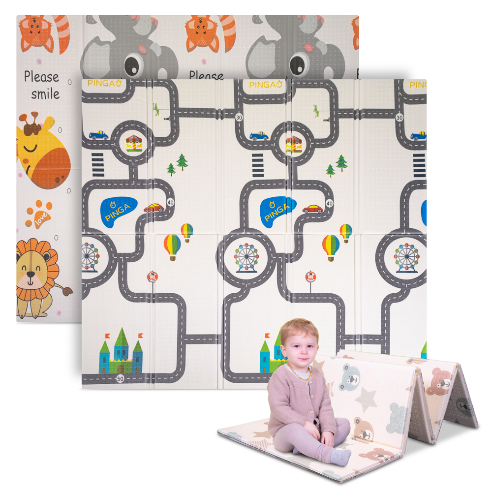 Skládací dětská podložka inSPORTline Michlino 150x180x1,2 cm Safari/Silnice