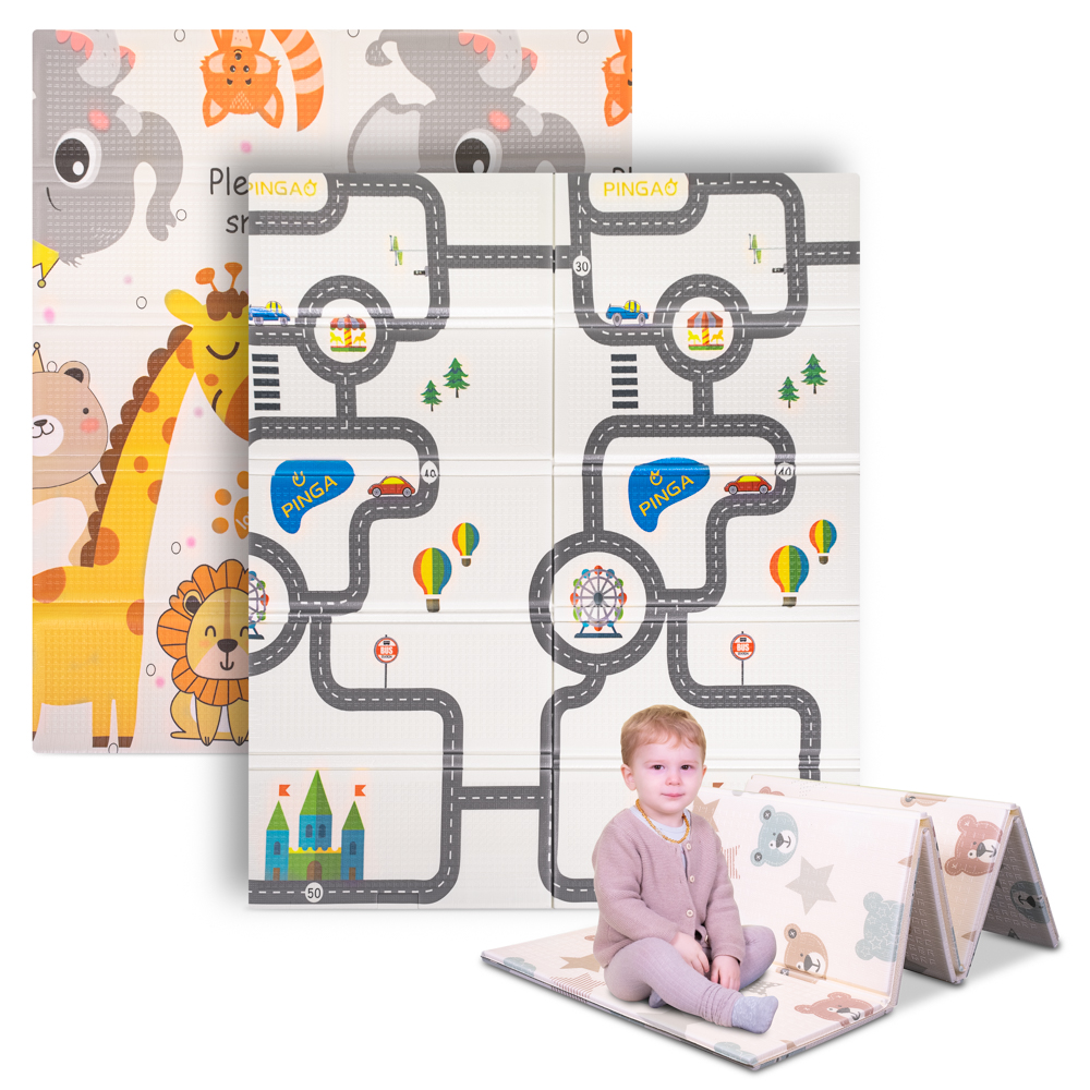 Skládací dětská podložka inSPORTline Michlino 180x160x1,2 cm Safari/Silnice