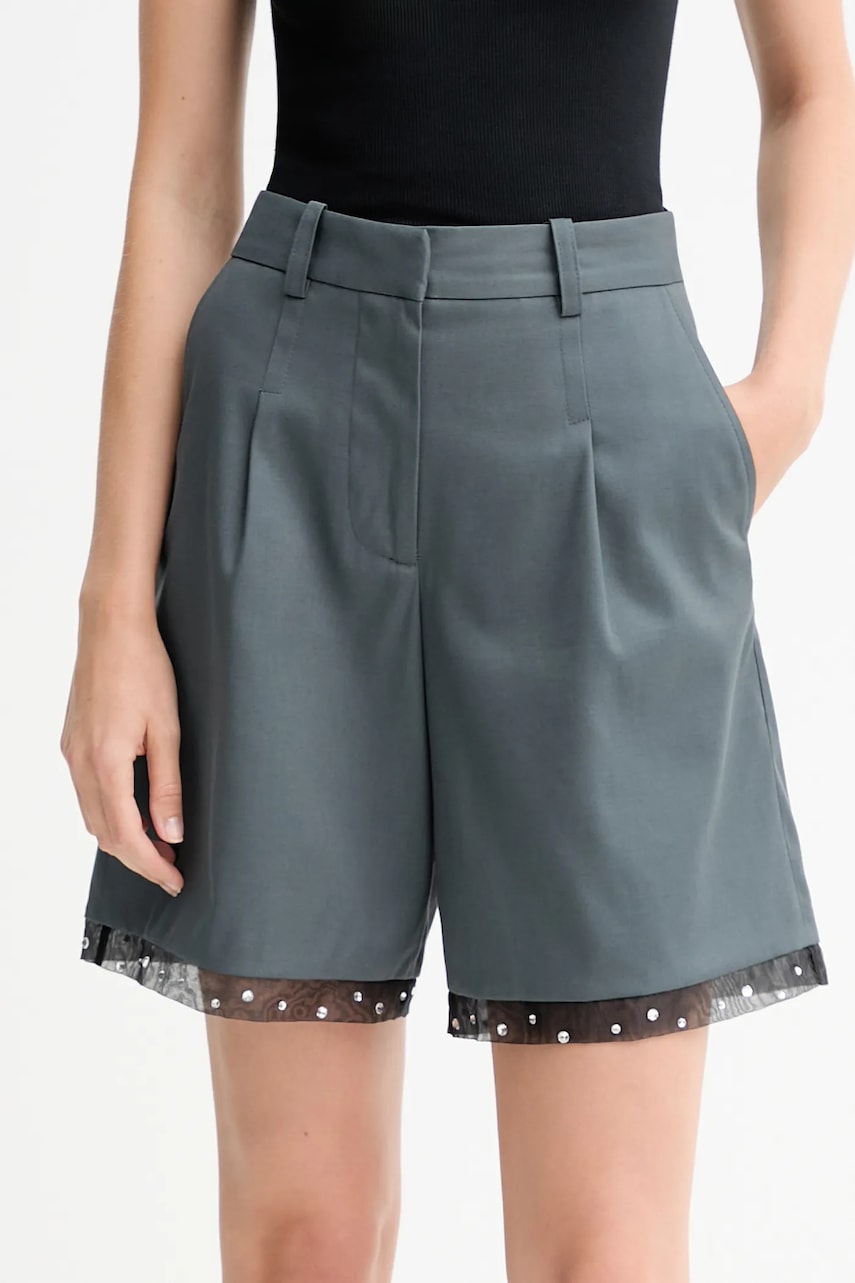 Šortky z vlněné směsi IRO dámské, šedá barva, s aplikací, high waist, WP30SOLENNA