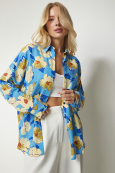 Štěstí Istanbul Dámská Modro-Žlutá Vzorovaná Volná Viskózová Košile