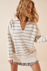 Štěstí İstanbul Dámský šedý Ecru Polo Neck Oversize Pletený Svetr