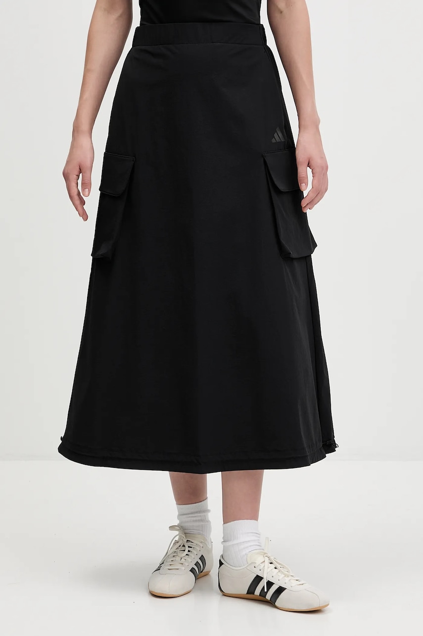 Sukně adidas City Tech černá barva, midi, áčková, JM8438