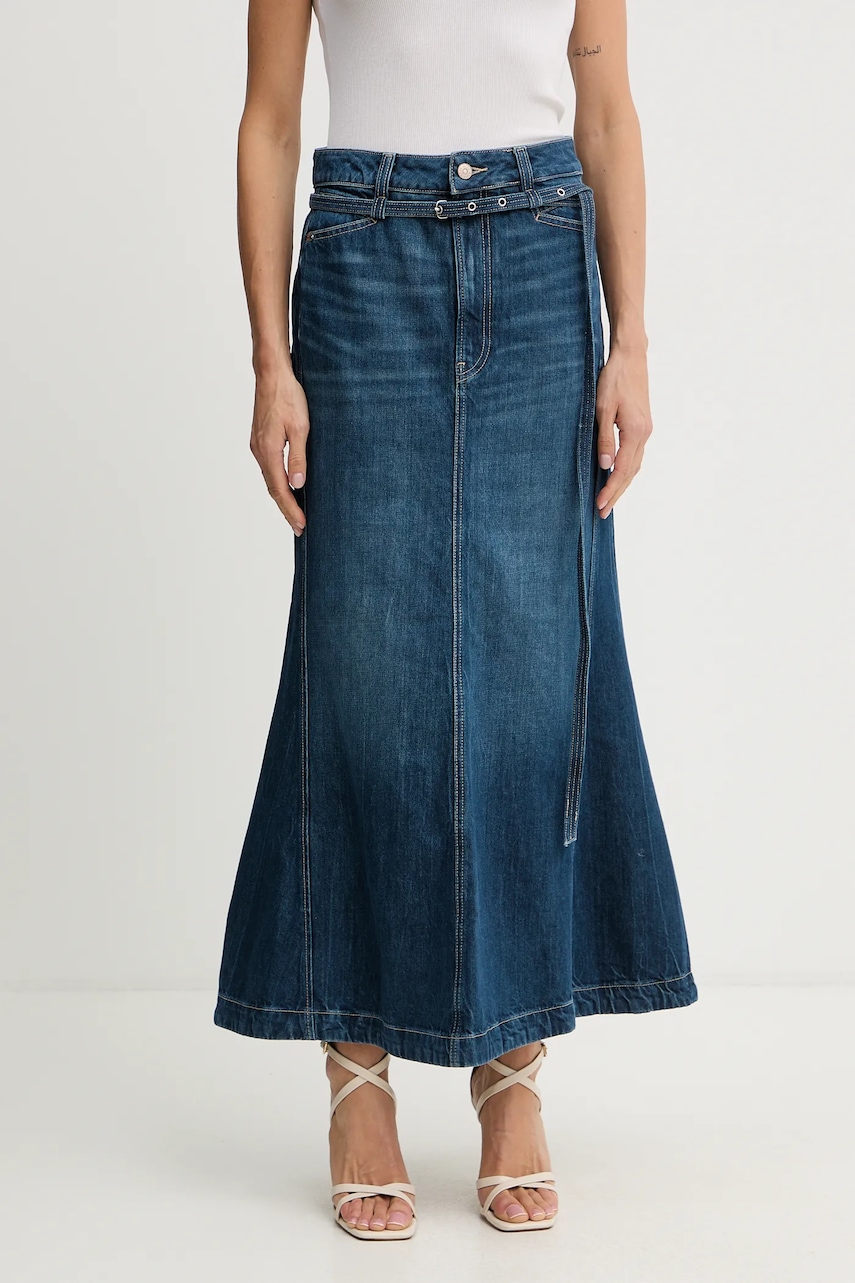 Sukně BOSS Orange C_ PEPLUM SKIRT HR modrá barva, maxi, áčková, 50548436