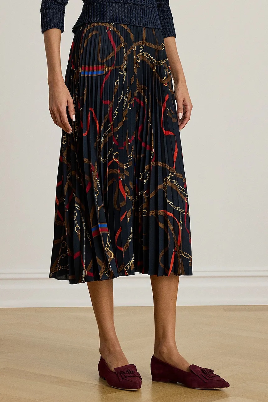 Sukně Lauren Ralph Lauren tmavomodrá barva, midi, áčková, 200P03550