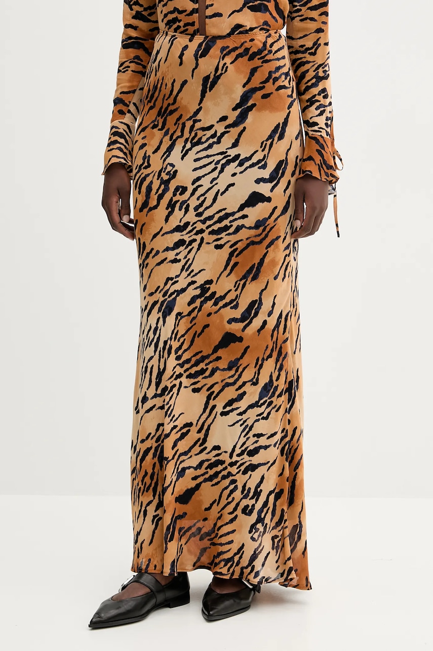 Sukně Never Fully Dressed hnědá barva, maxi, áčková, NFDSK714