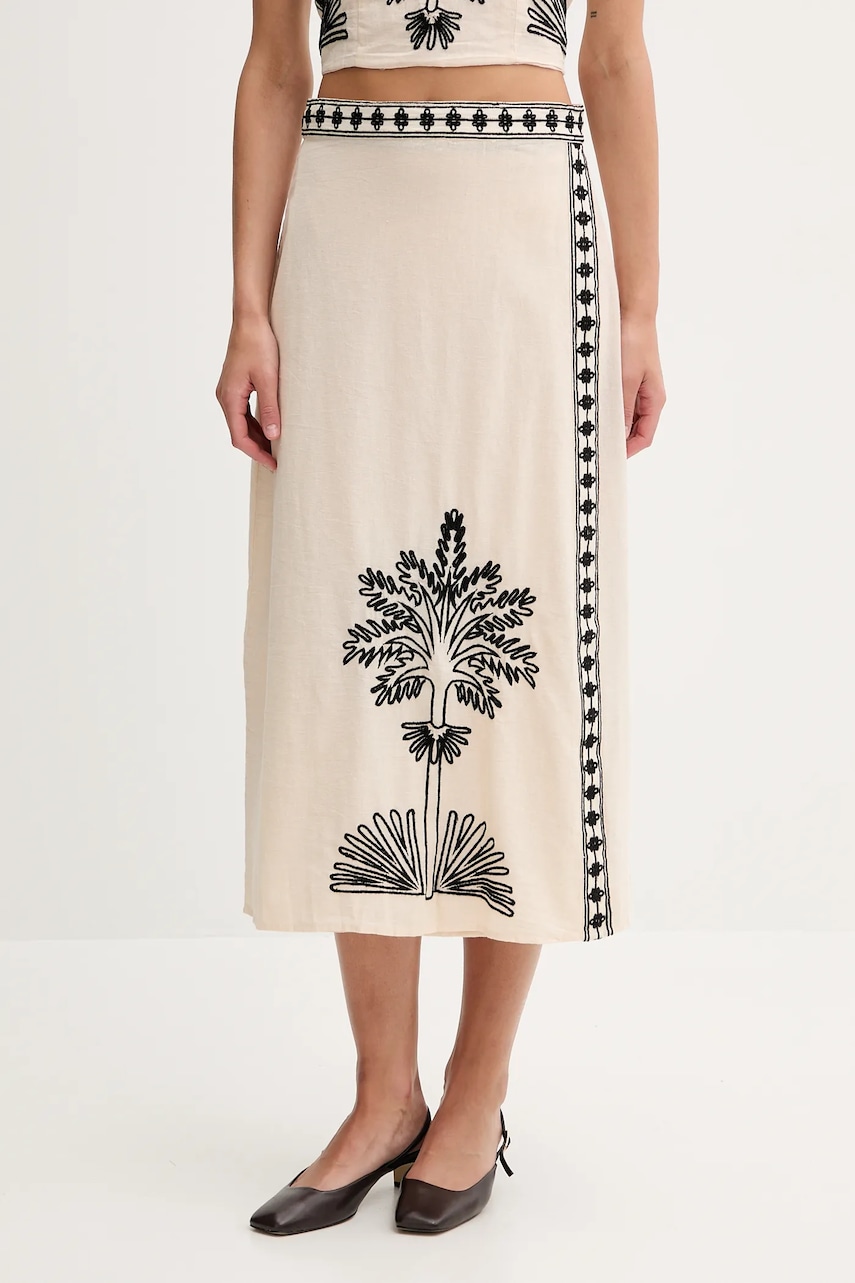 Sukně s příměsí lnu Hoss Intropia béžová barva, maxi, áčková, 8429028