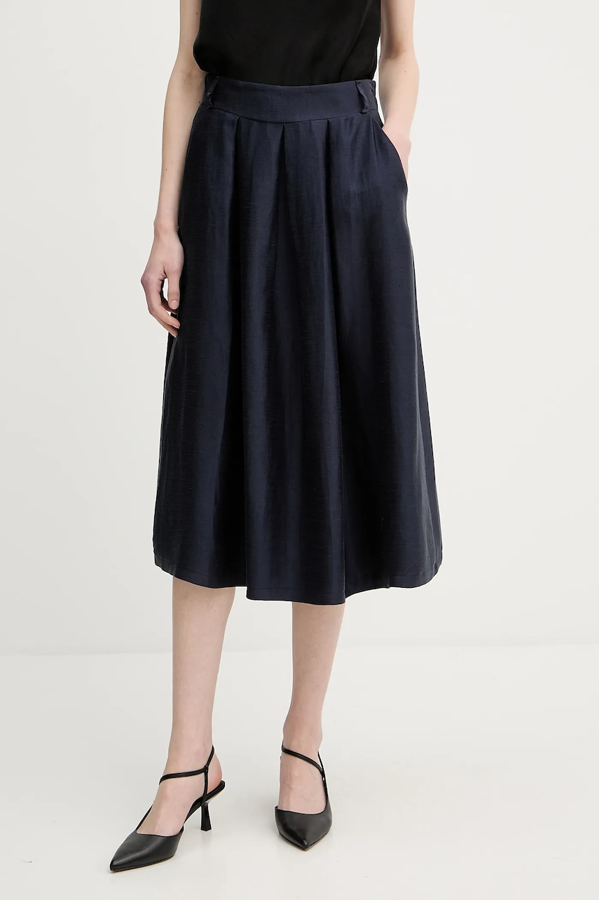 Sukně s příměsí lnu La Petite Française JOSEPHINE tmavomodrá barva, midi, áčková, JOSEPHINE