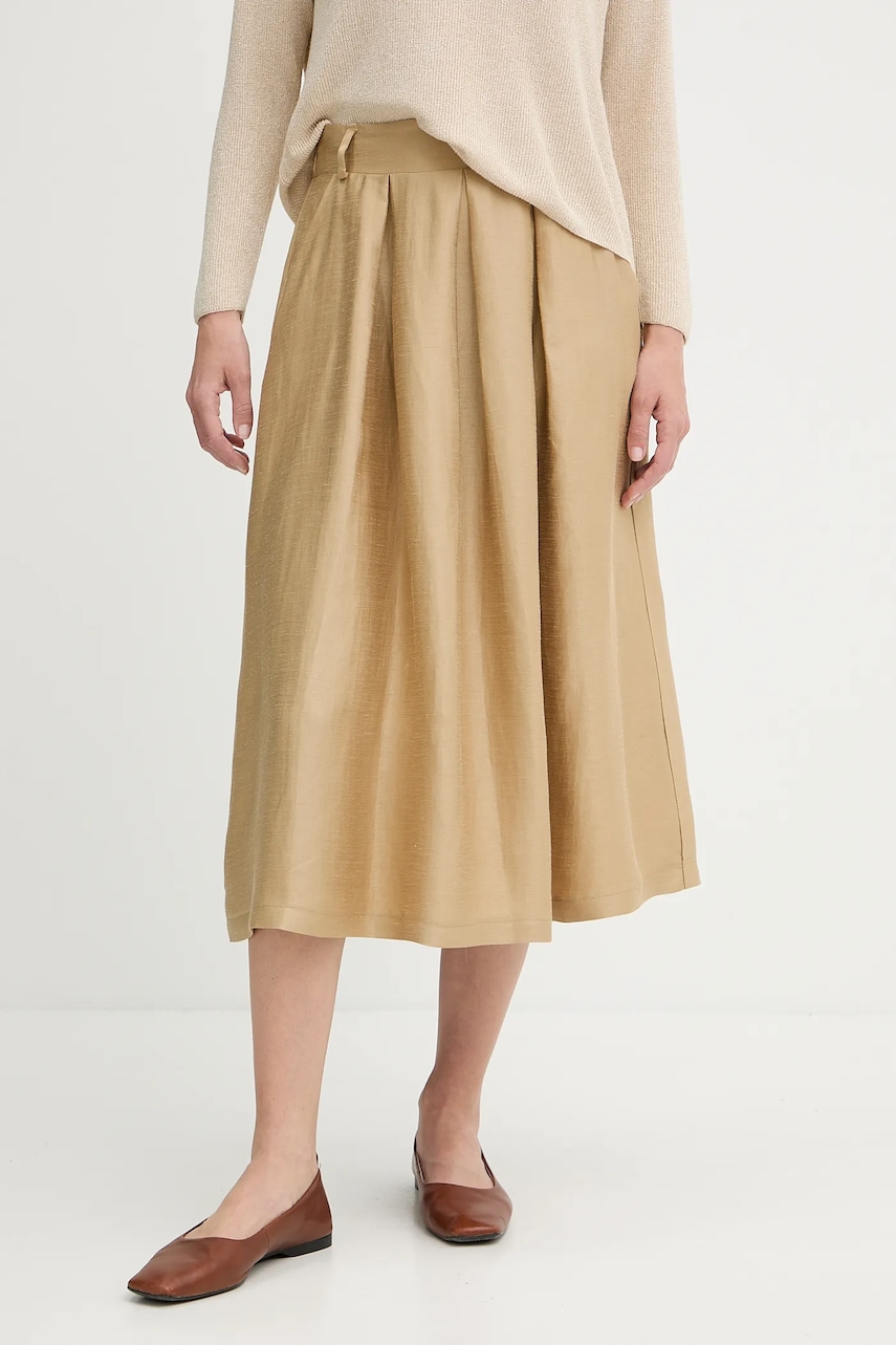 Sukně s příměsí lnu La Petite Française JOSEPHINE zelená barva, midi, áčková, JOSEPHINE